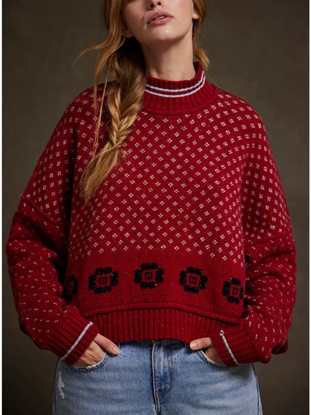 Free People Red Patterned Cowl-Neck Sweater with Black Floral Trim